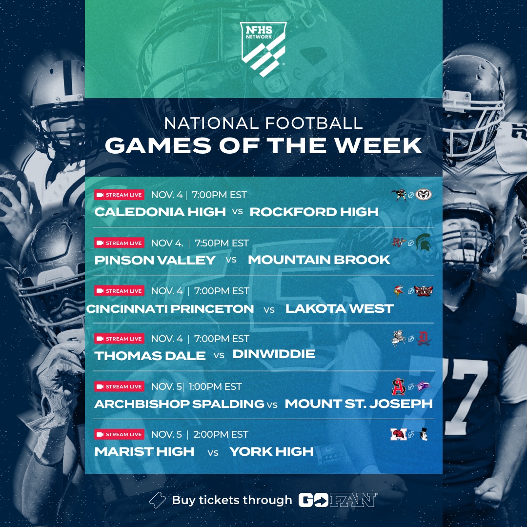 NFHSNetwork's tweet image. Results are in 🗳️ Take a look at the #NFHSNetwork National Games of the Week 🏈 

@RockfordRamsFB vs @CaledoniaFootb1
@LakotaWestFB vs @VikeNationFB 
@MtnBrookFTBL vs @Pinson_Footbal
@GeneralsFootbal vs @GoTDKnights 

📹: bit.ly/3KfnlJX
🎟️: bit.ly/3sXTe1u