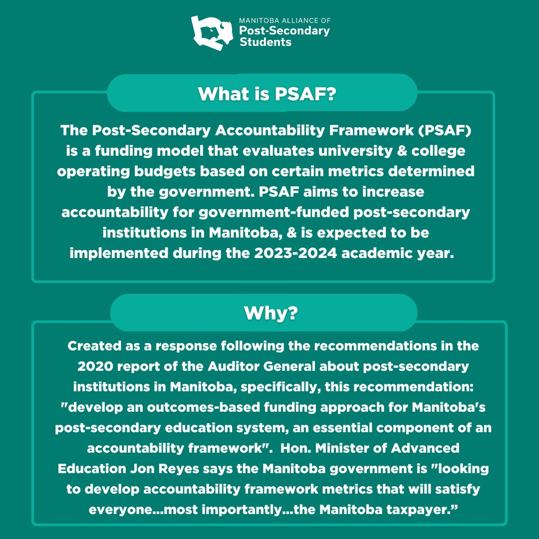 mapsstudents's tweet photo. What is the PSAF? Why should you oppose performance based funding? Check out our graphic! #mbpoli #pbf https://t.co/1Ja0Rb1of5