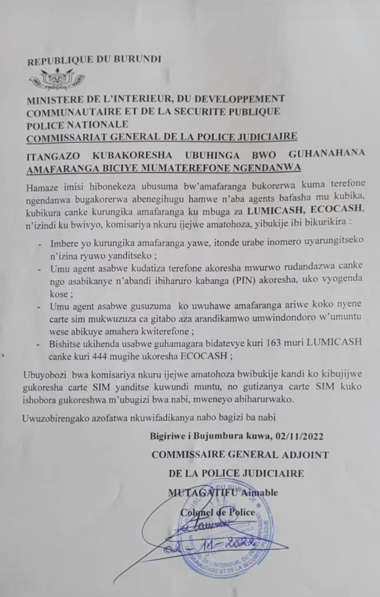 Burundi_Police's tweet photo. Communiqué du #CGPJ relatif aux précautions des utilisateurs de #lumicash et #Ecocash. https://t.co/2u64O9v3BV
