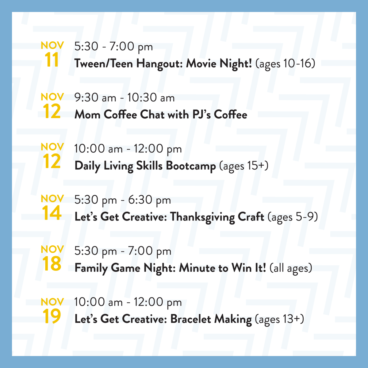 _cmdss_'s tweet photo. Check out some of the fun events we have planned for the upcoming month!

See the full November calendar here ➡️ https://t.co/L3jrsUK42T"#CMDSS #buddycenter https://t.co/ES7XrI87Dy