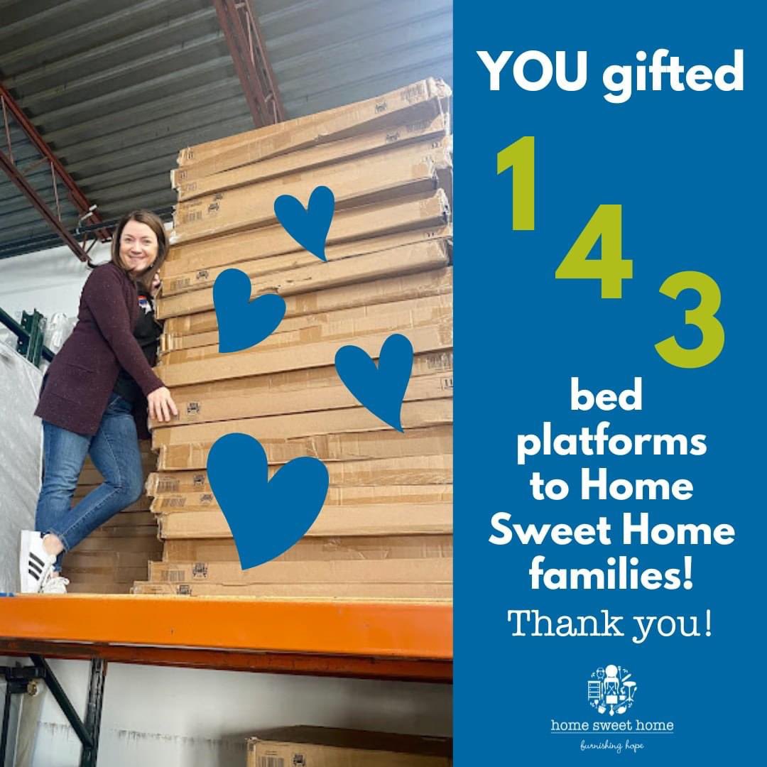 We put out the call for new bed platforms + YOU answered! We are thrilled to receive 143 NEW platforms off our wishlist. These will serve our families well—they keep mattresses off the floor so everyone can rest easier + they GIVE DIGNITY to our clients in need of complete beds.
