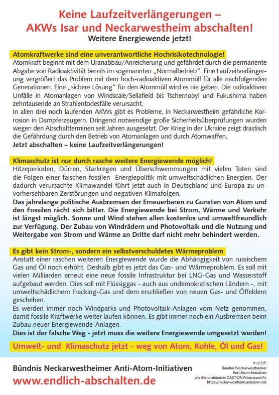 Keine Laufzeitverlängerung in Neckarwestheim!