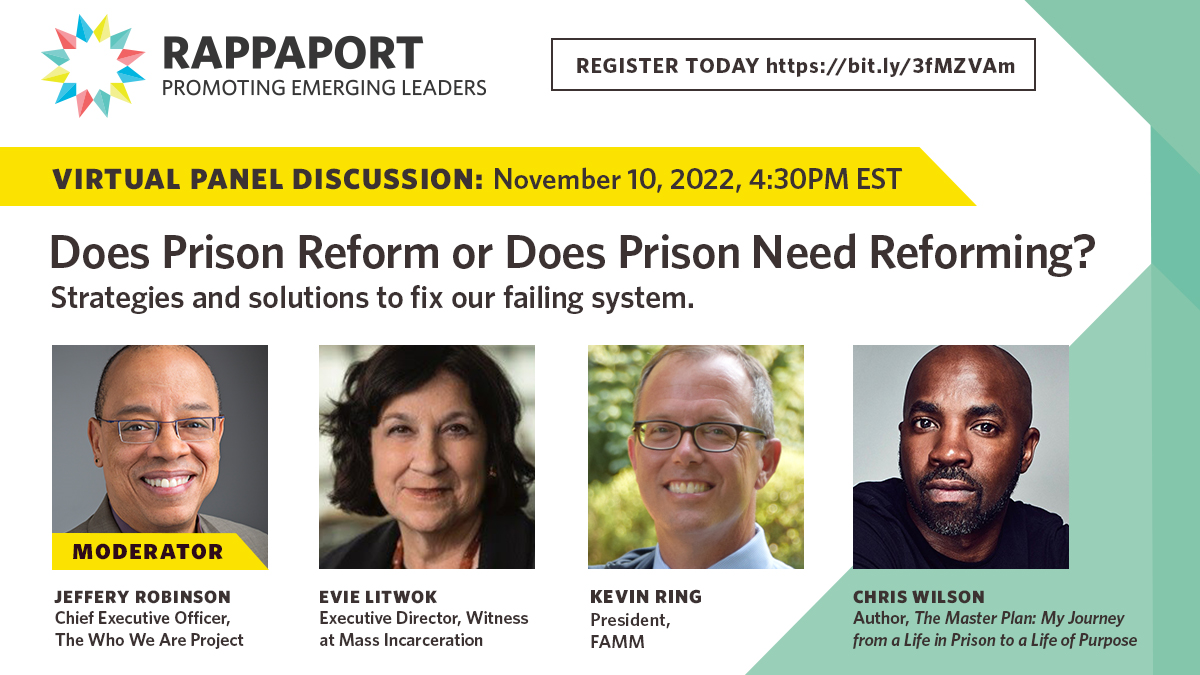 RappFoundation's tweet photo. Does Prison Reform or Does Prison Need Reforming? Join us for a virtual panel discussion featuring: @ChrisWilsonbalt @evielitwok and @KevinARing 
Moderated by @jeff_robinson56 

Register: https://t.co/9m61xMxbAa 
#prisonreform #prison #criminaljusticereform https://t.co/0Q9UNf3msQ