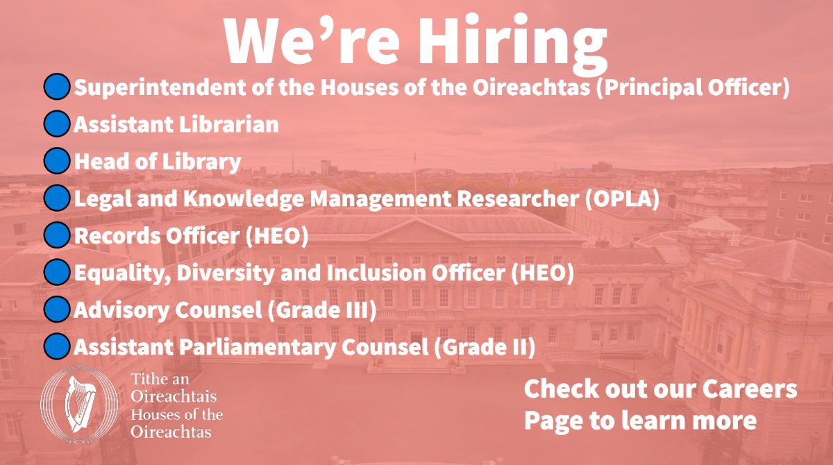 OireachtasNews's tweet photo. The Houses of the #Oireachtas Service is currently recruiting for several roles, including positions in the Office of Parliamentary Legal Advisers (OPLA) &amp; the Library &amp; Research Service (L&amp;RS) #SeeForYourself

See our Careers page for more information: https://t.co/pkrlSeLzzX https://t.co/8Ld4YdjzQG