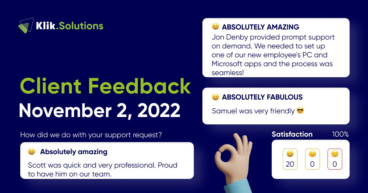 At Klik Solutions, we strive to meet your expectations for quality service, and we love it when we do!! 🔥 See what our clients have to say about our support!  Great job, team!💪