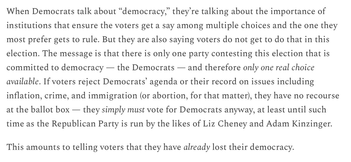 The problem with 'vote for us to save Democracy' is not just that it's disingenuous after spending millions to bolster far-right candidates in GOP primaries. It's that it's no-choice politics and voters react badly when you announce they're stuck with you. joshbarro.com/p/the-problem-…