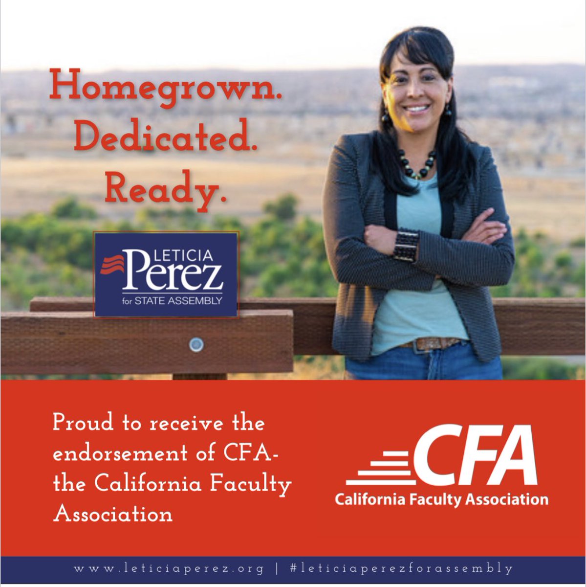 Proud to receive the endorsement of the California Faculty Association. #CFA #californiafacultyassociation #leticiaperezforassembly