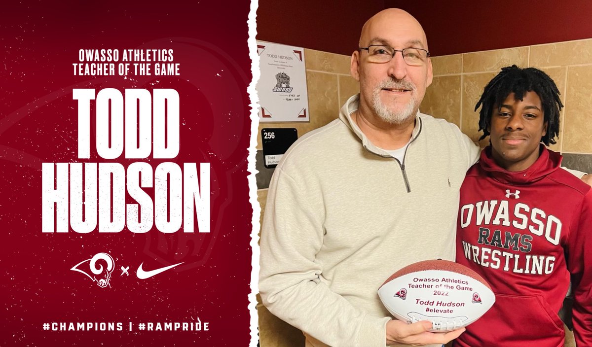 OwassoAthletics's tweet photo. ‼️TEACHER OF THE GAME‼️

This morning, we had the privilege of honoring Todd Hudson as our next 2022 Teacher of the Game! Mr Hudson teaches History at the East Campus of the HS. We are proud to have him representing Owasso Athletics! @OwassoSchools @OHS_Rams 
#RamPride
#CHAMPIONS https://t.co/YjeZ3WG2uB