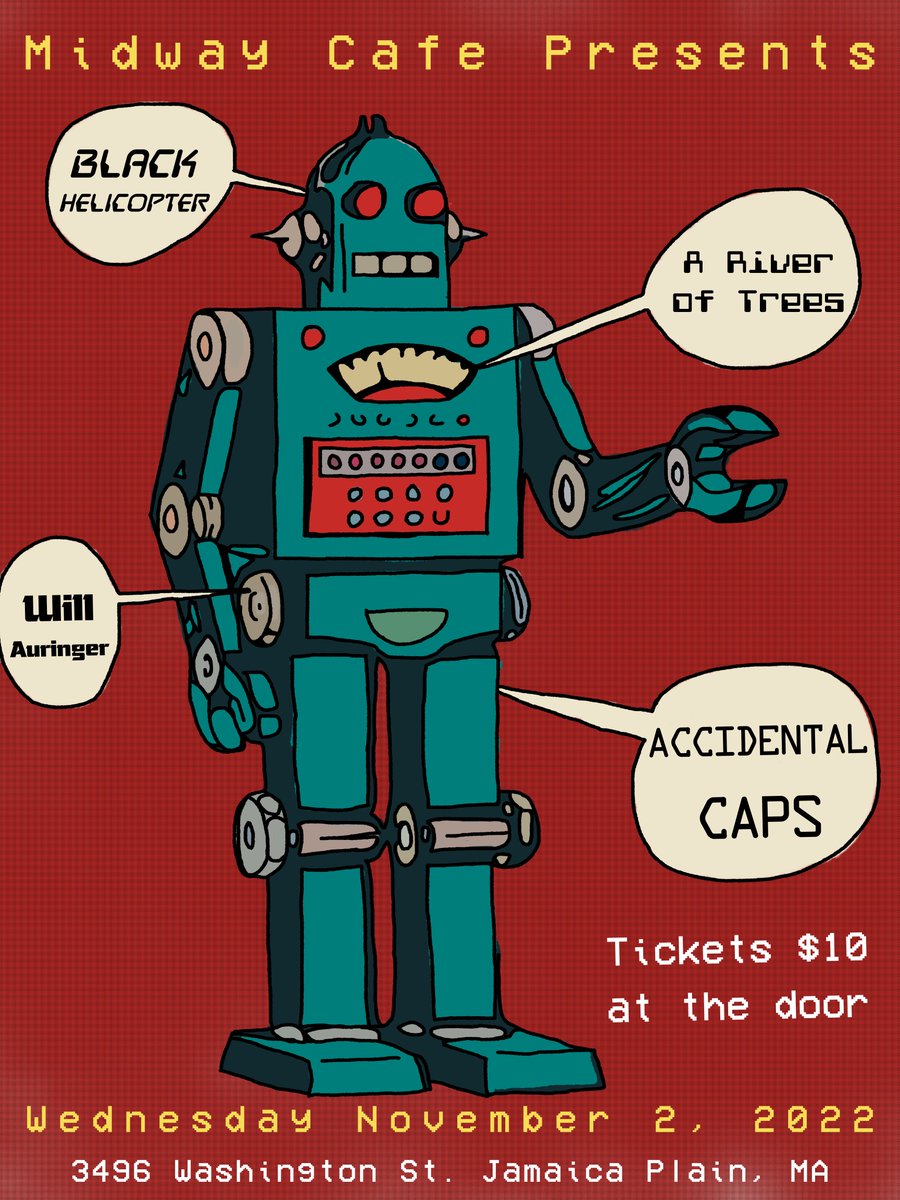 ariveroftrees's tweet photo. Starships take flight! There is a show tonight! Midway Cafe brings Accidental Caps with performances from us, Will Auringer, and Black Helicopter

Doors at 7:30 we open about 8. Get there early and stay late for a night of psych punk, prog, and rawk!

See ya in Massachusetts! https://t.co/tN8k4GZ3rb