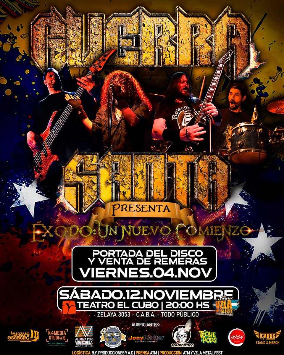 guerrasantaband's tweet photo. #VMF #VMF5 #VenezuelaMetalFest
Vie.04.Nov. presentaremos la Tapa de nuestro 7mo disco Éxodo: Un Nuevo Comienzo y saldrán a la venta las remeras. Promo: (Remera+entrada).

* Venezuela Metal Fest / 5ta Edición *

El Cubo Teatro - Sáb.12 de Nov. 20 Hs - Zelaya 3053 - Abasto CABA https://t.co/xB6GduY7GM