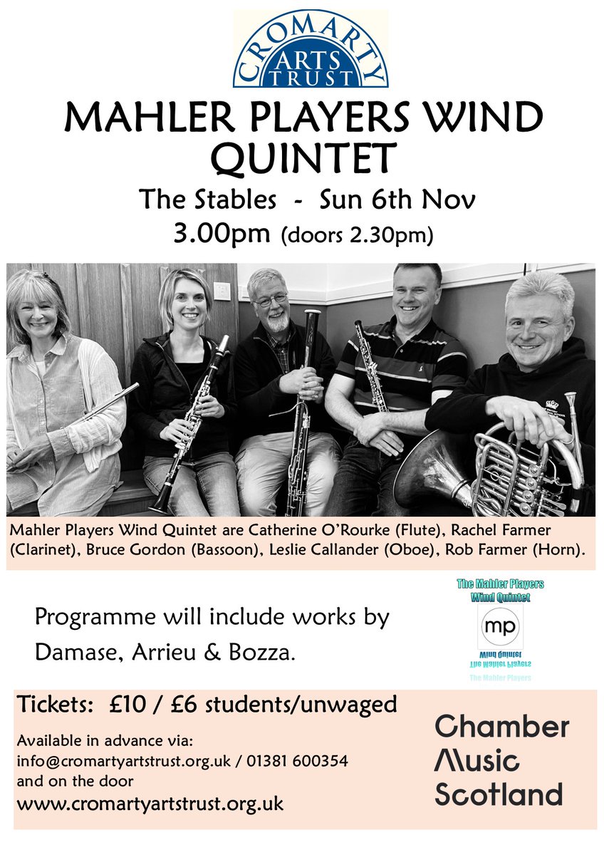 Cromarty Arts Trust (@cromartyarts) on Twitter photo A lovely classical event when <a href="/mahlerplayers/">Mahler Players</a> bring their Wind Quintet to the Stables in Cromarty at 3pm on Sunday 6th November. Tickets available on the door or in advance 01381 600354 or via info@cromartyartstrust.org.uk
<a href="/chambermusicsct/">Chamber Music Scotland</a> #classical #Woodwind #HIGHLANDS A lovely classical event when <a href="/mahlerplayers/">Mahler Players</a> bring their Wind Quintet to the Stables in Cromarty at 3pm on Sunday 6th November. Tickets available on the door or in advance 01381 600354 or via info@cromartyartstrust.org.uk
<a href="/chambermusicsct/">Chamber Music Scotland</a> #classical #Woodwind #HIGHLANDS