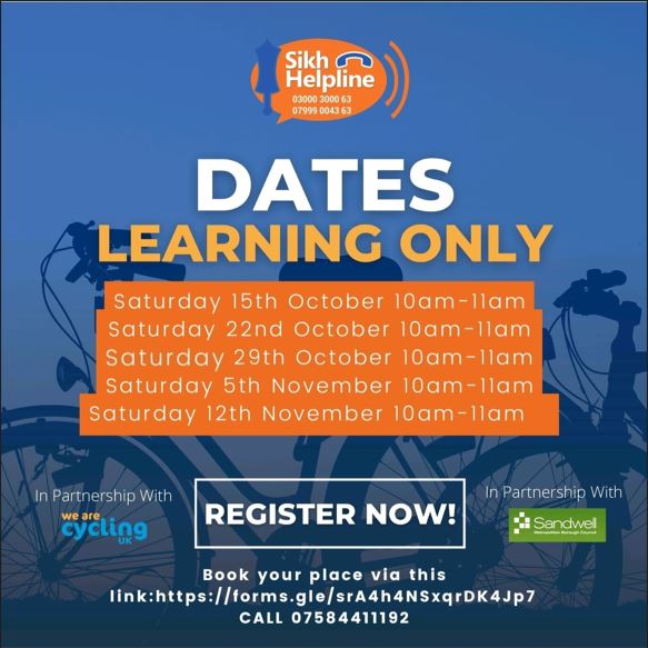 The <a href="/SikhHelpLine/">Sikh Helpline</a> are offering FREE learn to ride bike lessons on Sat mornings from Gurdwara Har Rai Sahib Ji lower car park on George Street, West Bromwich.  

For all cycling lesson enquiries please call 07584411192
#cycling #westbromwich #learntoride