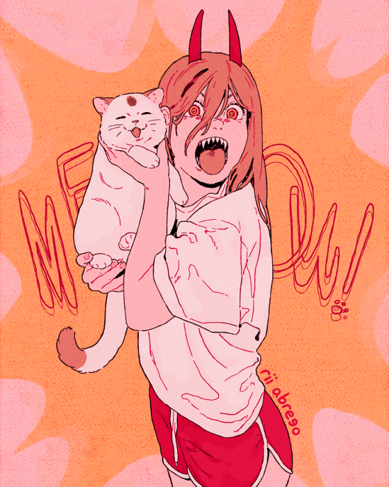 power (chainsaw man) 1girl cat horns shorts open mouth shirt holding  illustration images