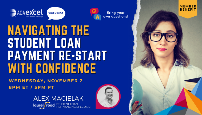 FloridaEyes1's tweet photo. Get answers to your student loan questions during an AOAExcel workshop.

What: “Navigating the Student Loan Payment Re-start with Confidence” workshop
When: Wednesday, Nov. 2, at 8 p.m. ET / 5 p.m. PT

Register here: https://t.co/CAMzB1cfrL https://t.co/ZlaGNXbfPq