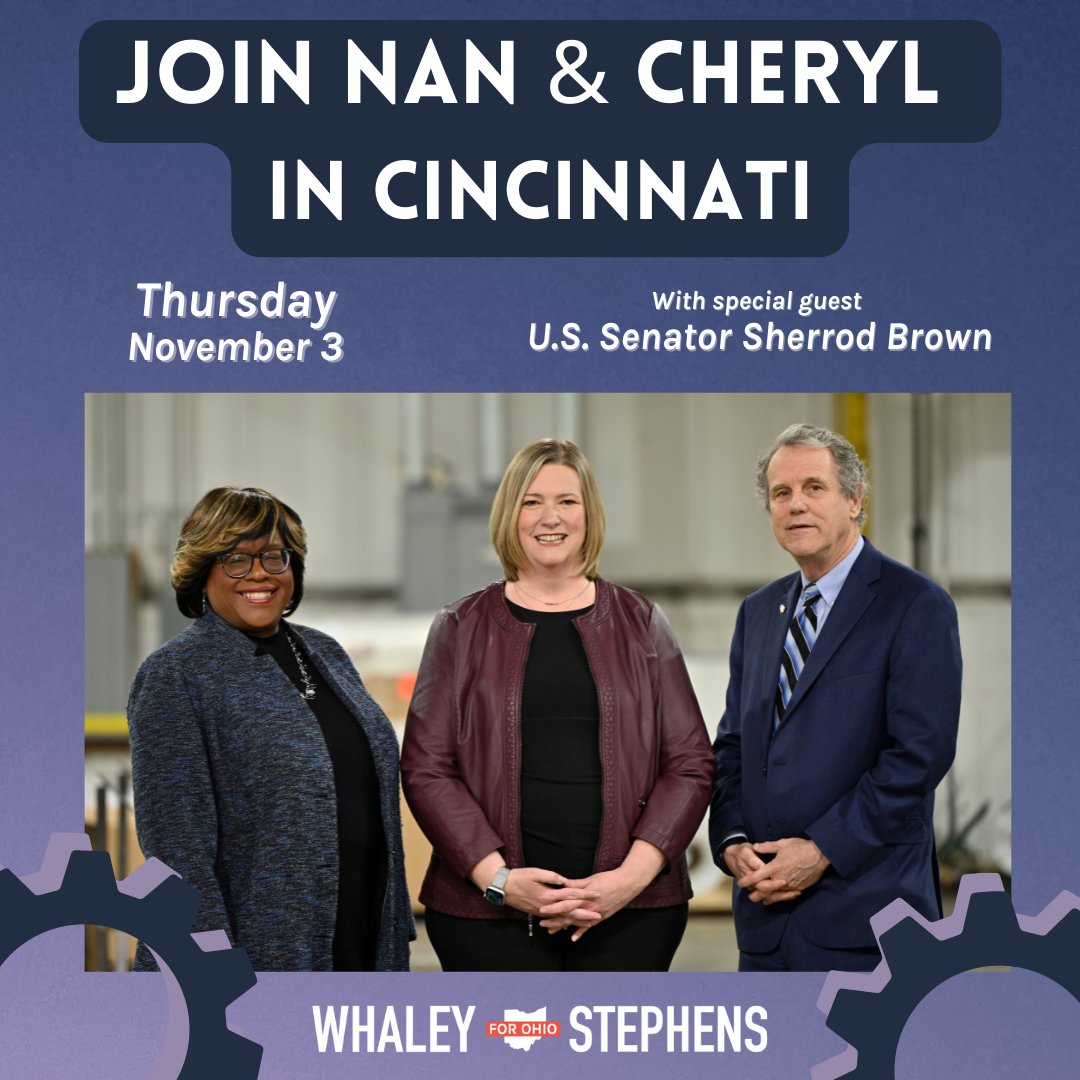 Nan Whaley (@nanwhaley) on Twitter photo Join me, <a href="/CherylForOhio/">Cheryl Stephens</a>, and <a href="/SherrodBrown/">Sherrod Brown</a> tomorrow in Cincinnati at 6 PM! ๐
RSVP at nanwhaley.com/sherrodcinci Join me, <a href="/CherylForOhio/">Cheryl Stephens</a>, and <a href="/SherrodBrown/">Sherrod Brown</a> tomorrow in Cincinnati at 6 PM! ๐
RSVP at nanwhaley.com/sherrodcinci