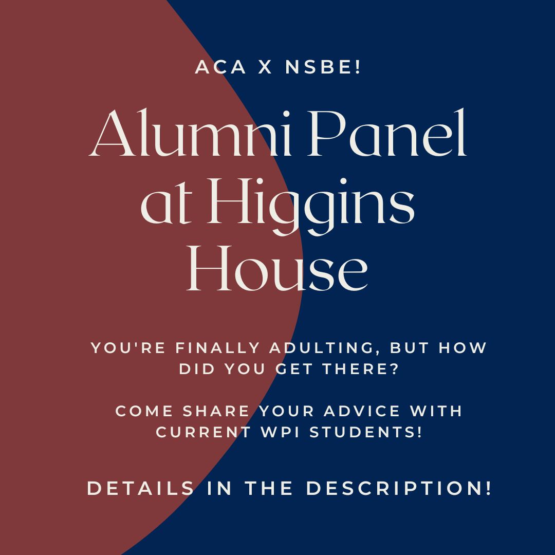 WPI_ACA's tweet image. Hi Friends! ACA &amp;amp; @WPINSBE are collaborating to bring you an on-campus alumni panel &amp;amp; social! Attend to hear about post-grad experiences and meet current students. All are welcome!
Register to attend or volunteer as a panelist: lnkd.in/eMZjsUXq
#WPIACA #wpi #wpinsbe #nsbe