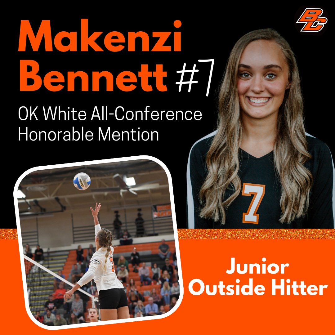 Congrats to our Junior Outside Hitter, #7 Makenzi Bennett on being named OK White All-Conference Honorable Mention! #GoBulldogs #BCVB