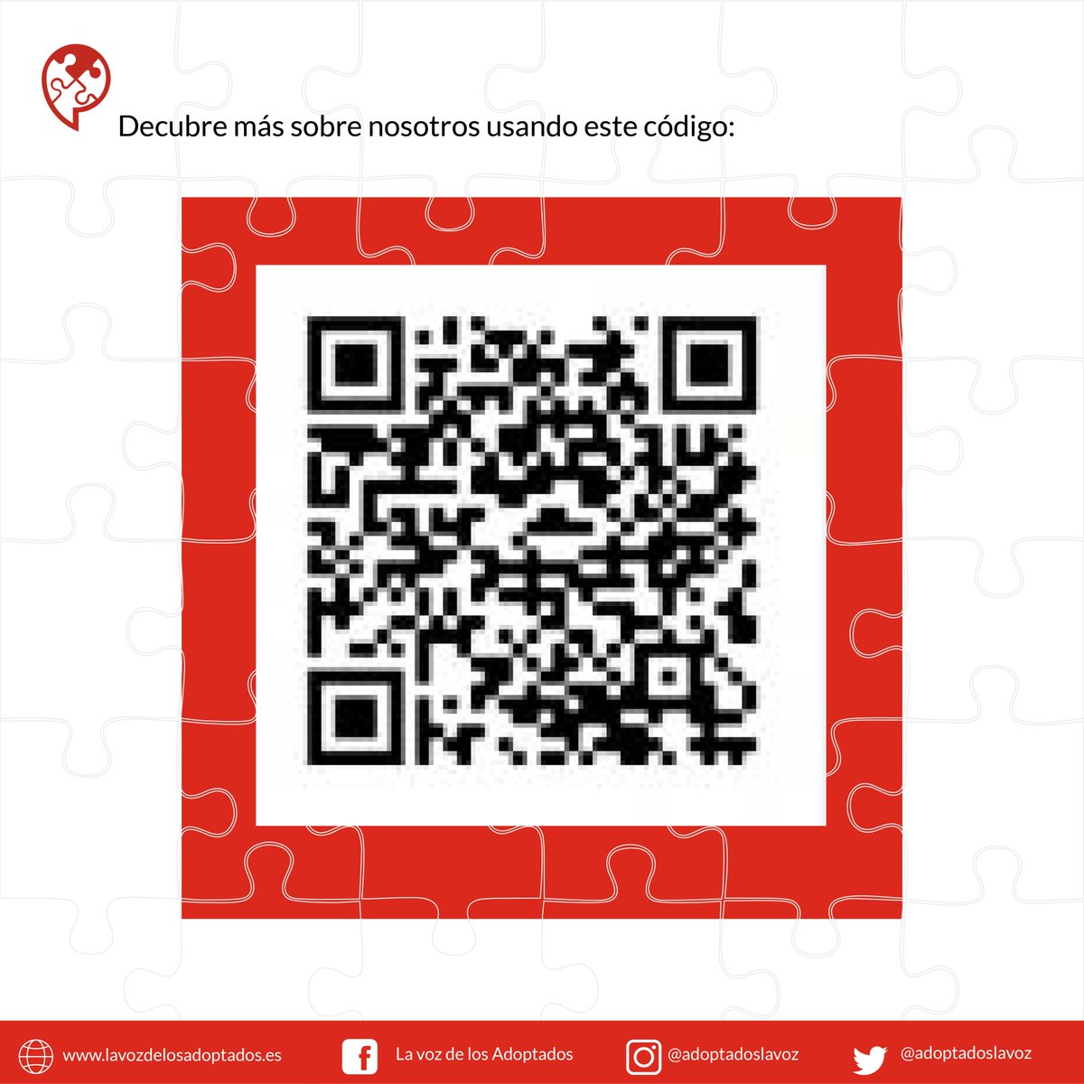 📌Le damos la bienvenida a este mes de Noviembre en el que escuchamos la voz de nuestra compañera Flavia.
❗Te recordamos que puedes ampliar la información que aparece en tu calendario escaneando este Qr, enlace directo a nuestra página: lavozdelosadoptados.es