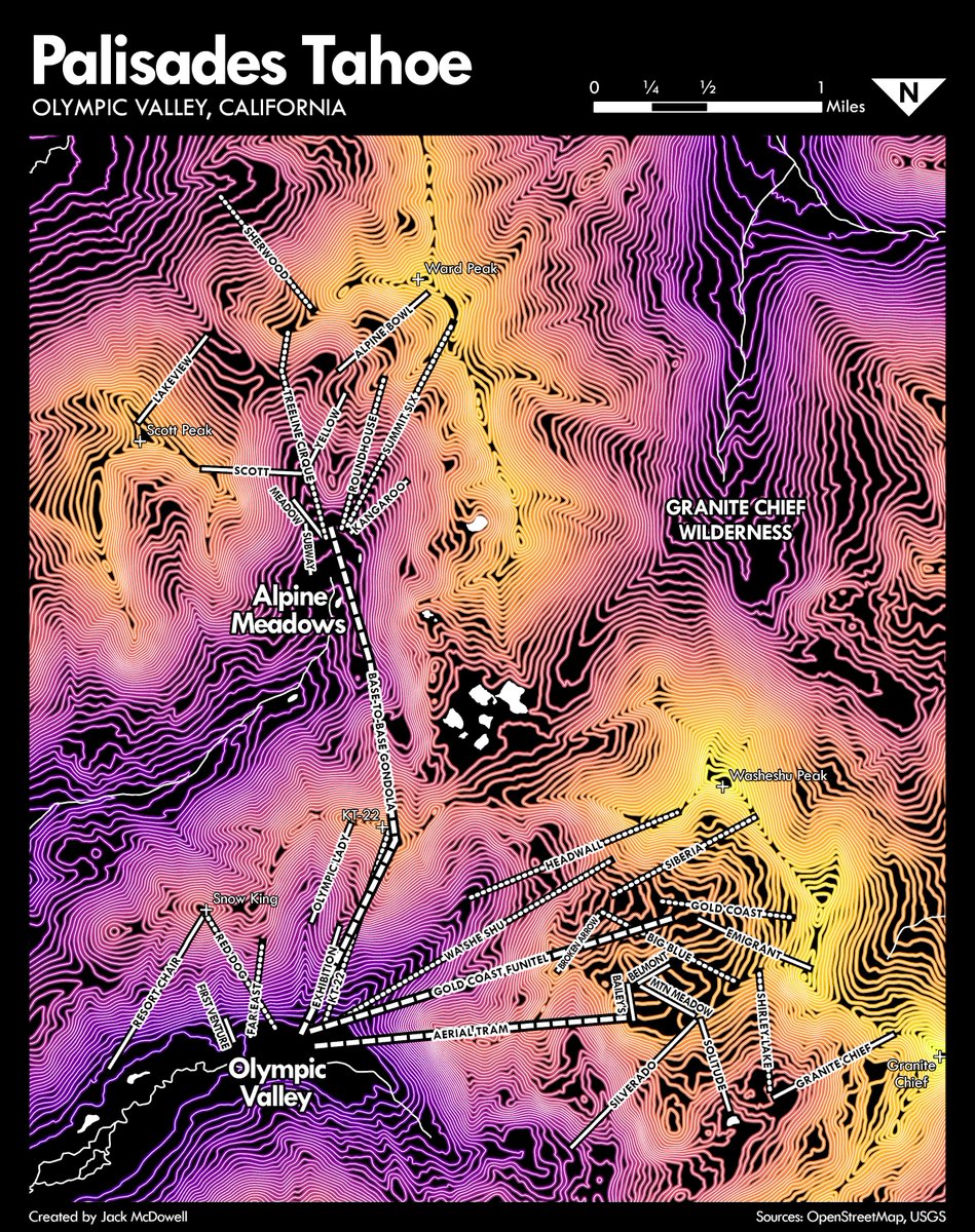 jmcdoeswell's tweet photo. #30DayMapChallenge Day 2 - Lines. Contours, ski lifts, streams, and more contours! In anticipation of the new base-to-base gondola at @palisadestahoe, I made a map showing how the gondola connects the two mountains. https://t.co/haNA6JIdBE