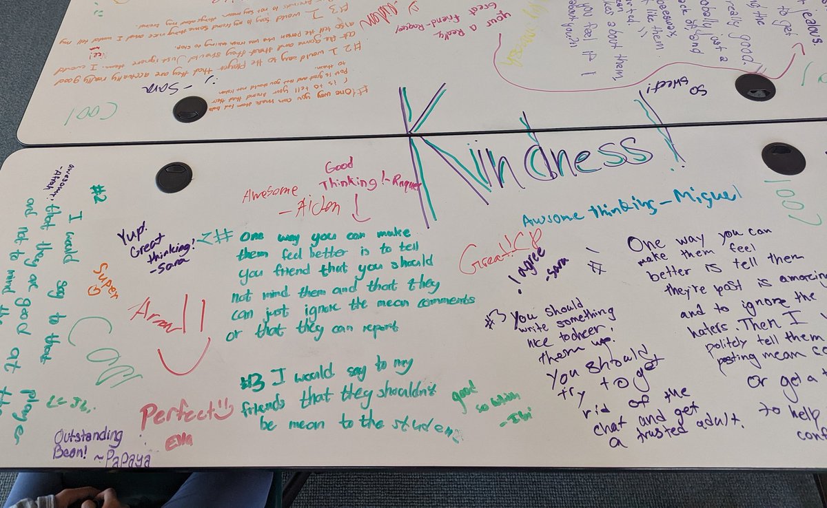 VESTechnology's tweet photo. 5th grade students took a hands on approach when sharing how to stop cyberbullying with kindness! After brainstorming what to say when confronted with negativity online, students took a gallery walk &amp; responded to their peers' ideas #wwprsd #vespack #digitalcitizenship https://t.co/qMakPiAnkB