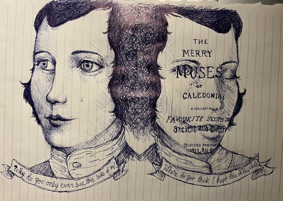 MackayPAG's tweet photo. Delighted with this drawing by a talented student, inspired by Monday’s Hons Textual Editing class @ScottishLit on complexities of editing Burns’s bawdry &amp; The Merry Muses of Caledonia. Truly love being back teaching face-to-face. 📚 @GlasgowBurns @Burns_Scotland @UofGCritStudies https://t.co/n0ennB8rt0
