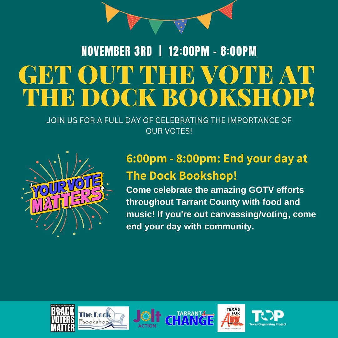 tarrant4change's tweet photo. Join us this Thursday, 11/3, Starting at 12pm! @Tarrant4Change @thedockbookshop @BlackVotersMtr @OrganizeTexas @JoltAction #TX4ALL, &amp; partner orgs will host a GOTV Phone/Text Banking and Celebration Event #Tarrant #FortWorth #Texas #VOTE #GOTV
SIGN UP: https://t.co/VND4616Q5P https://t.co/pDBZGMIZnL