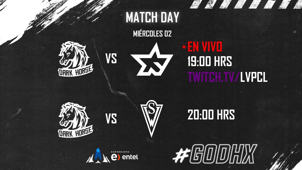DarkHorseGG's tweet photo. ESTAMOS EN VIVO CONTRA LA ESTRELLA ! ! 🔥
¿Quién Ganara?🐎
📅🏆SUPERCOPA ENTEL🏆
⌚ 19:00 CL
⌚ 20:00 CL
📺 https://t.co/sybBGrF5cp | https://t.co/S80QyYQfvX
#GoDHX
LVP Liga de Videojuegos Profesional https://t.co/JX11jFejXv