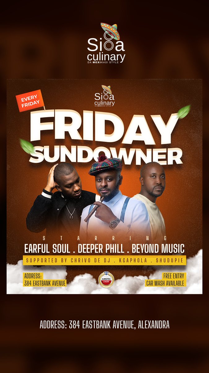 SigaCulinary's tweet photo. Friday Sundowner brings you nothing but the best in music in association with Amstel

Afterwork vibes....

Good vibes....
Good music....
Good food.....

Amstel draught also available for R40.00 https://t.co/OBlMwu2Qzv