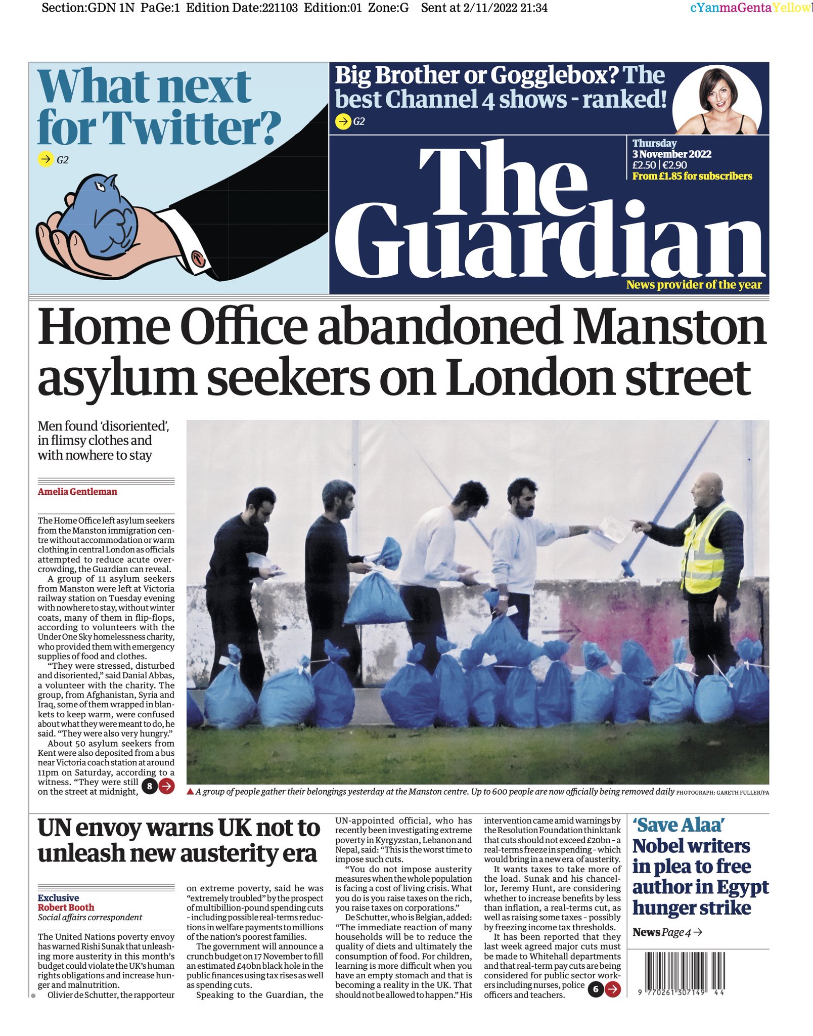 The Guardian on Twitter "Guardian front page, Thursday 3 November 2022