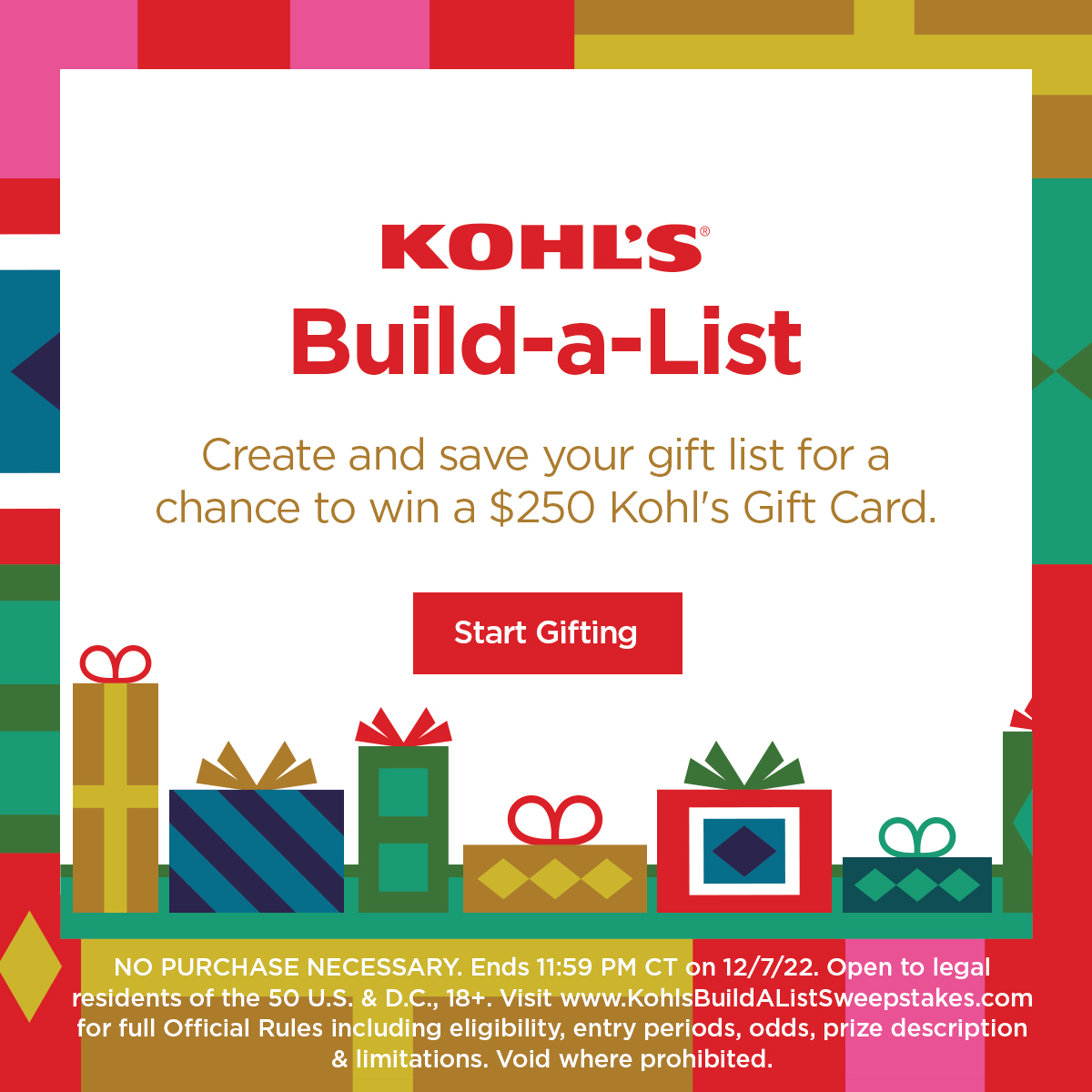 How does a $250 Kohl’s Gift Card sound? Visit KohlsBuildAListSweepstakes.com and enter for a chance to win now through Dec.7! Just create and save your gift list to enter. Plus, share it with #KohlsBuildAListSweepstakes for bonus entries!