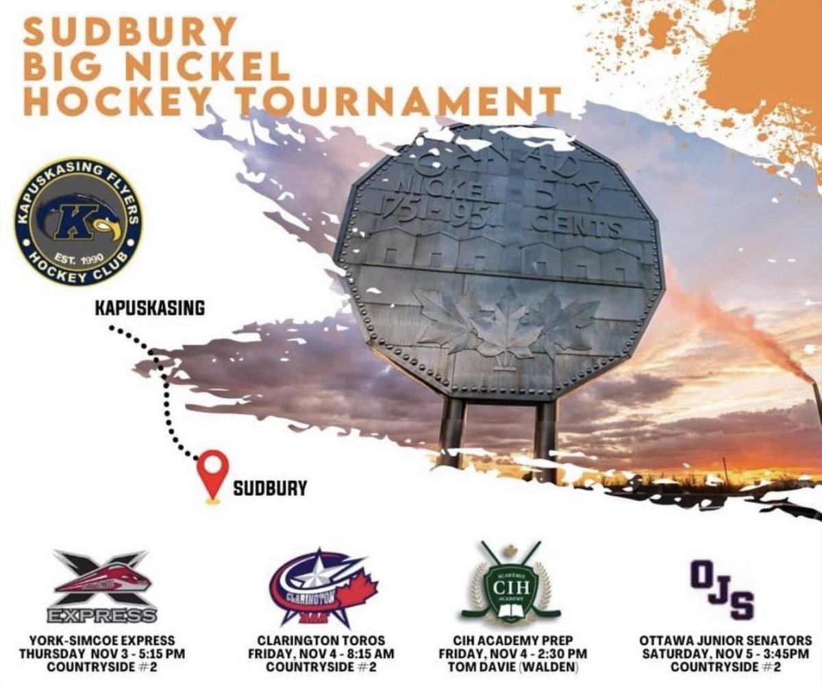 This evening, your Kapuskasing Flyers are travelling to Sudbury!
This weekend. we will be competing in the Big Nickel Major AAA Hockey Tournament!

We will post game updates on our twitter page.

Go Flyers Go!