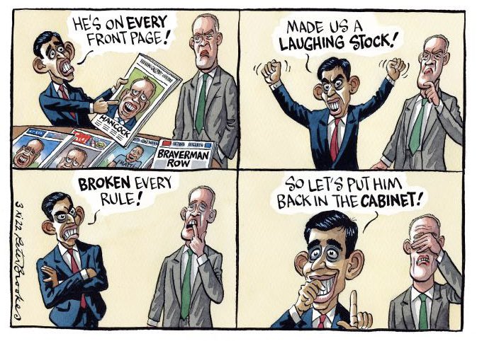 Peter Brookes on #RishiSunak #matthancok  #ToryChaos - political cartoon gallery in London original-political-cartoon.com