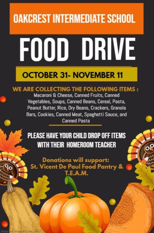 ALL donations will be dropped off by your student to their homeroom class.