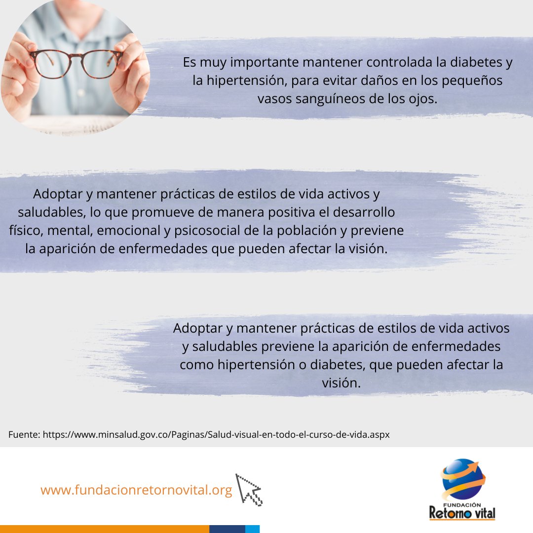 Retornovital06's tweet photo. Conoce estos consejos para preservar la salud visual en todo el curso de vida.
@IAPB1 @socoftal @MinSaludCol
#FundacionRetornoVital #pausasactivas #Salud #trabajo #homeoffice #CuidoMiSalud #CuidatuSalud #Vision #CuidatuVision #Saludvisual https://t.co/mv904MqJvJ