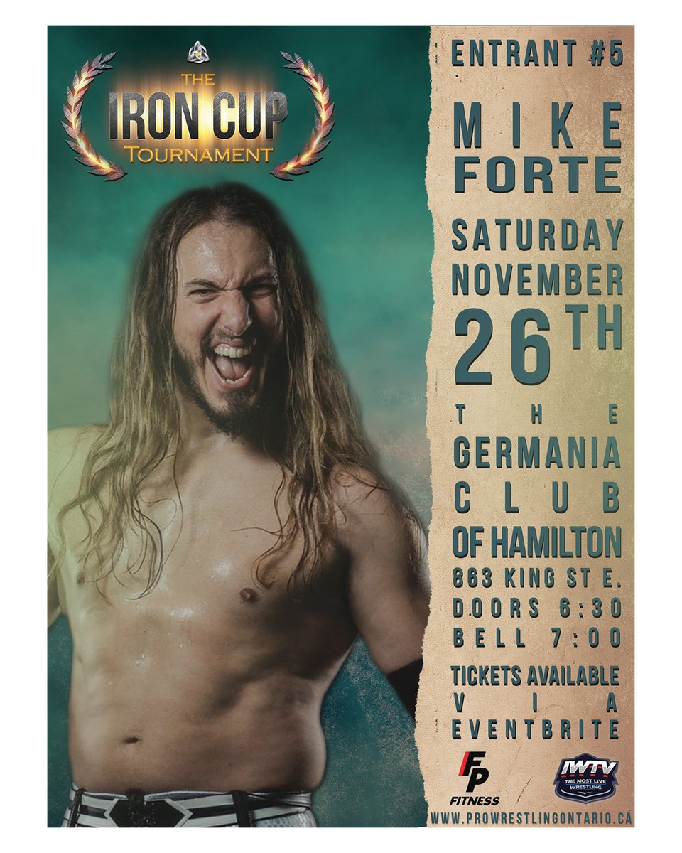ProWrestlingOnt's tweet photo. 🚨ENTRANT #5🚨
#MikeForte!
The Former #TriosChampion has had a chaotic year to say the least. He looks to set out on a new path at #TheIronCup, a path that is all his own.
Can Forte overcome the odds? Find out November 26th!
Tickets Available Now!
https://t.co/JbvdcTpvaT https://t.co/Swdkpr8uZV