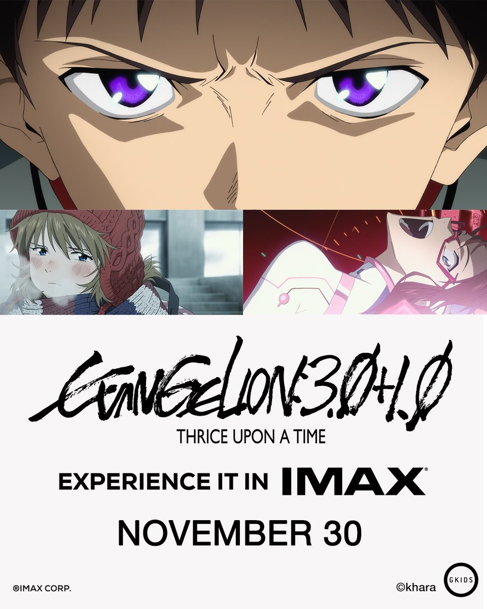 A new 'Evangelion: 3.0+1.0 Thrice Upon a Time' IMAX poster has been released. The film will be available in IMAX for one night only on November 30th.
