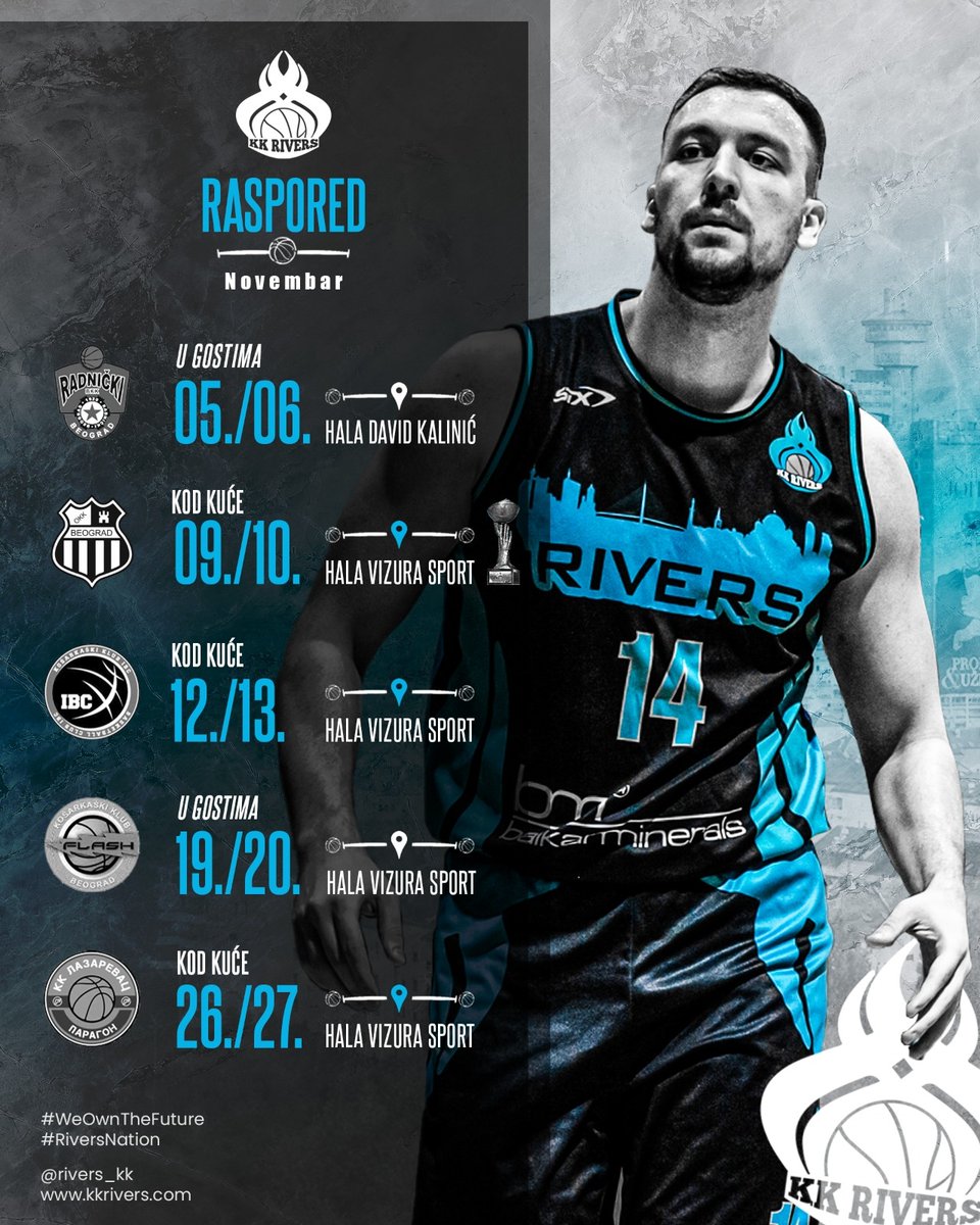 Rivers_KK's tweet photo. Dinamičan novembar je pred nama! Jedno je sigurno, dobra atmosfera i uzbudljive utakmice sa izazovnim protivnicima su zagarantovani!🔵⚫
#NoviTalasSaNovogBeograda #RiversBM #RiversNation #NoviTalas🌊 #NoviBeograd #WeOwnTheFuture🔵⚫ #TotalnoDrukcijiOdDrugih #1MRLC #KKRiversBM https://t.co/LoHP9WdNfo