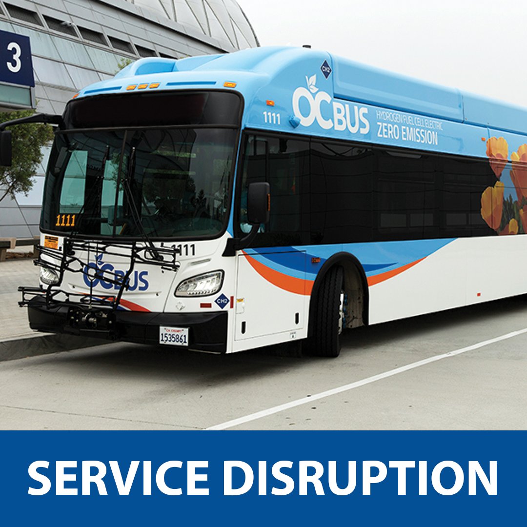 There may be a significant reduction in OC Bus service as soon as 4 p.m. today, Wed. 11/2, and NO OC BUS SERVICE tomorrow, Thurs, 11/3 at least through Sun, 11/6., due to a maintenance employees’ strike. Riders should plan alternate ways to travel. octa.net/Bus/Service-Al…