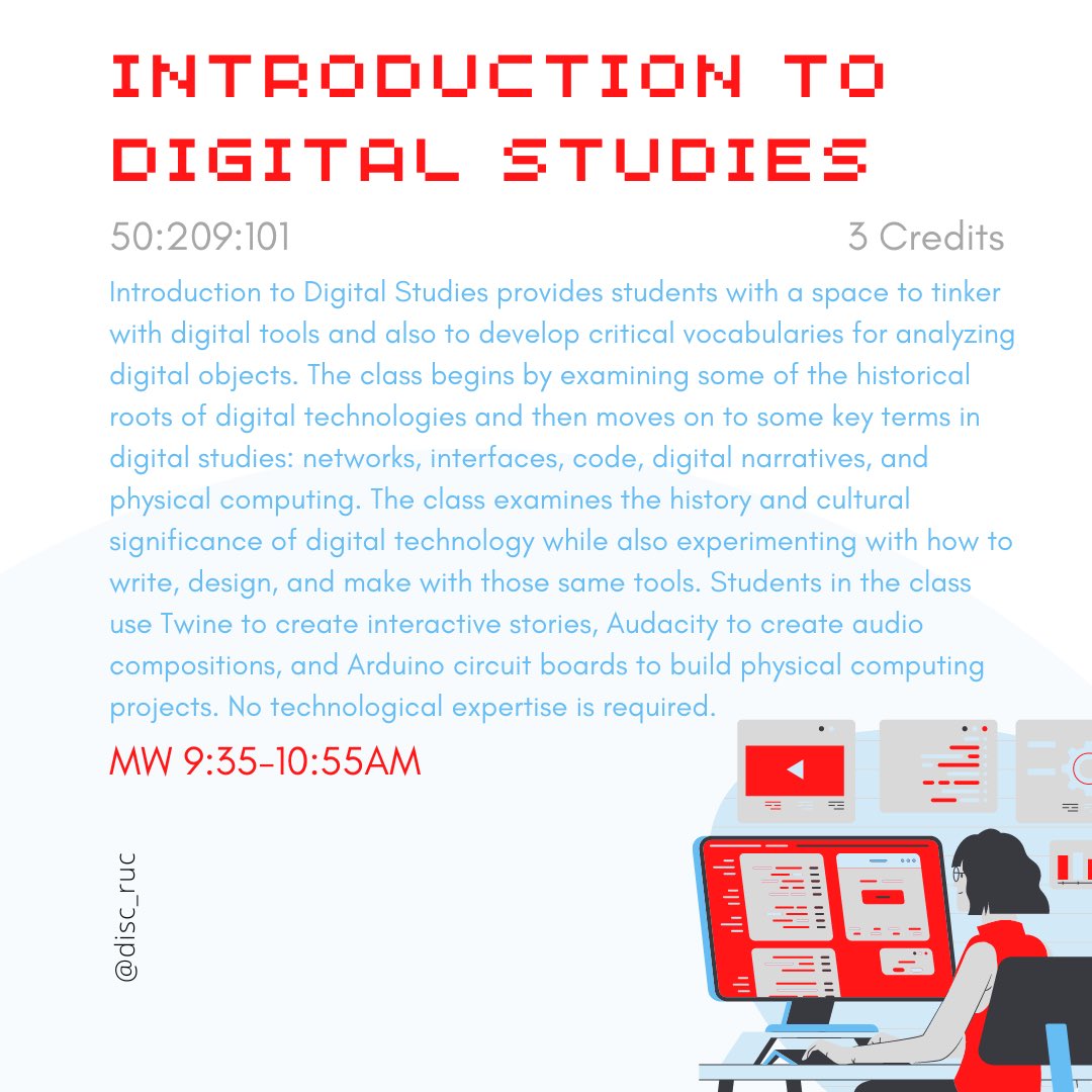 DiSC_RUC's tweet photo. Check out our Digital Studies Course Offerings for Spring ‘23! 🌸

1/2 https://t.co/OcPYxHIdfh