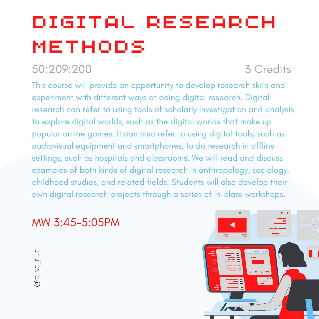 DiSC_RUC's tweet photo. Check out our Digital Studies Course Offerings for Spring ‘23! 🌸

1/2 https://t.co/OcPYxHIdfh