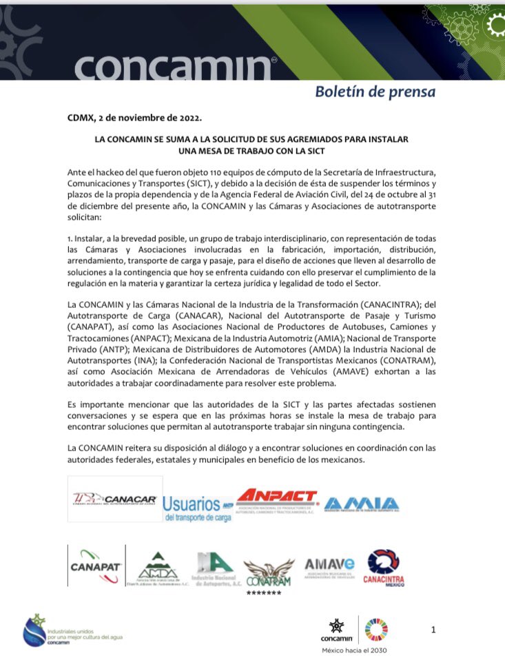 CONCAMIN's tweet image. #COMUNICADO
La #CONCAMIN se suma a la solicitud de sus agremiados para instalar una mesa de trabajo con la @SCT_mx