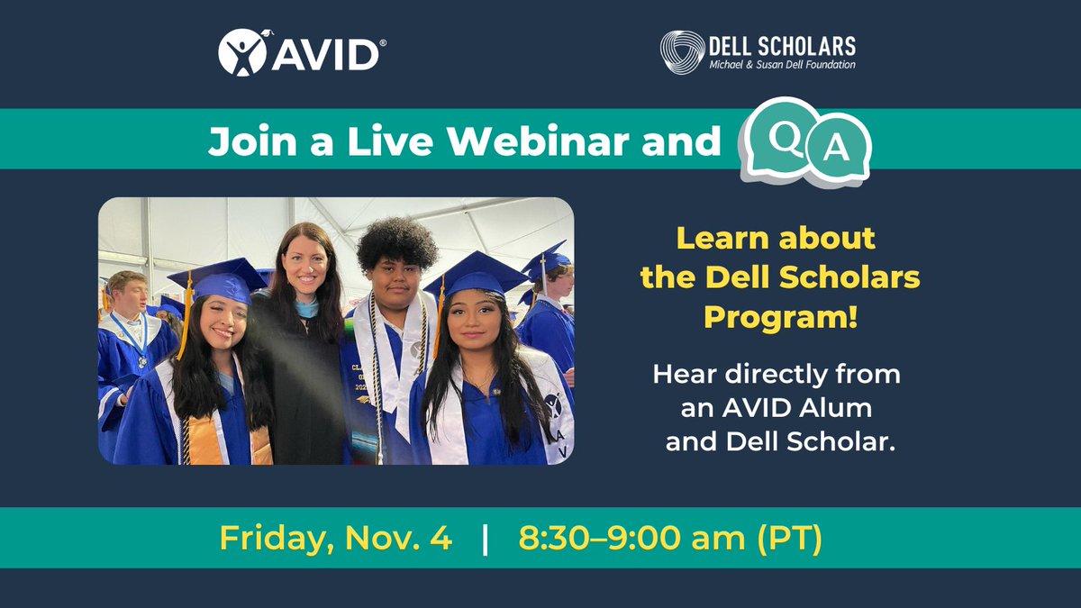 AVID4College's tweet photo. Join AVID and the @DellFdn for the first of two webinars featuring info about the @DellScholars program—Friday, November 4 on Zoom. Get your questions answered during the live Q&amp;A with an AVID alum and #DellScholar. Students welcome! Register here: https://t.co/XxoaX1z8zl https://t.co/vuBKLqe0QQ