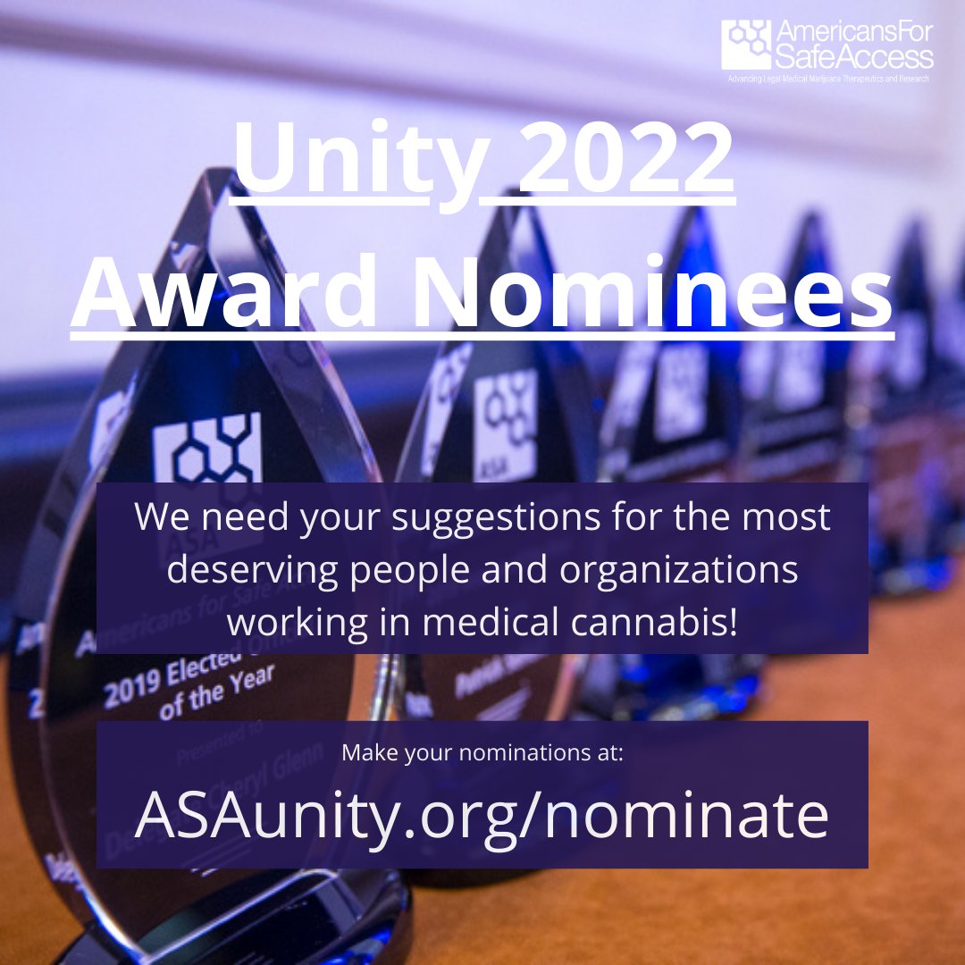 SafeAccess's tweet photo. Our 2022 Unity Conference is rapidly approaching which means it’s time for us to ask who are the #medicalcannabis advocates and orgs that have done the most to advance medical cannabis over the last year. https://t.co/YTaGG6szG8. Deadline for nominations is Nov 15. #SafeAccess https://t.co/jA1aqImKyy