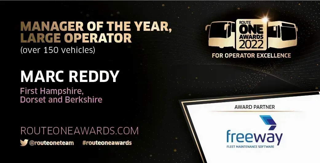 routeoneteam's tweet photo. Congratulations @MarcReddy, Managing Director @FirstPortsmouth @firstdorset &amp; @firstberkshire! Winner of the Manager of the Year Award (over 150 vehicles), partnered by @FreewayFleet #routeoneawards https://t.co/fg9xFgh9vt