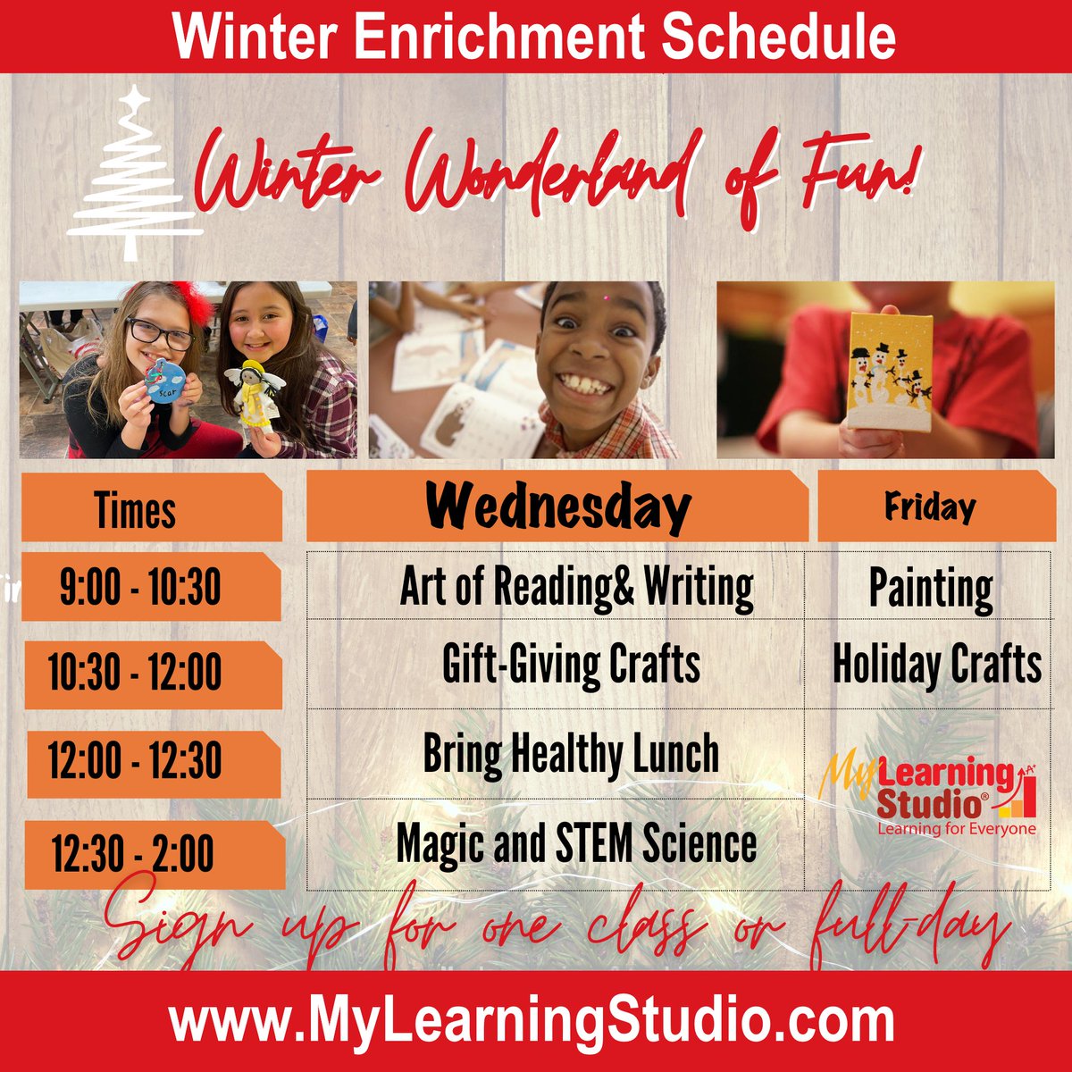 My_Learn_Studio's tweet photo. Winter Enrichment classes are available in November & December!
Holiday-themed activities for K-5th. Sign up for one class or a full day.
Call My Learning Studio at 951-789-5402
https://t.co/FeFIQwWije
#MyLearningStudio #tutoring #homeschool #CharterSchools #enrichmentcourses https://t.co/YtxFc4ppA2