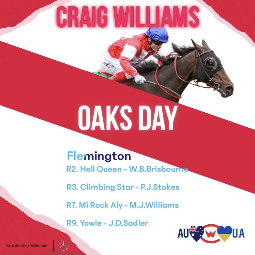 CWilliamsJockey's tweet photo. ||๐๐ฆ๐บ๐๐๐บ๐ฆ๐ซถ||
Craig has 4 rides on #OaksDay.
Craigโs first ride is aboard #HellQueen at 1:15pm.
@flemingtonvrc
@mercedesbenzmelbourne https://t.co/7MRgvbG5ry