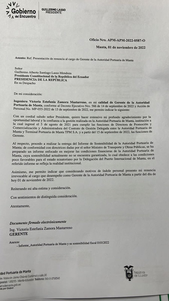 lahistoriaec's tweet photo. Estamos perdiendo plata. La Gerente de la Autoridad Portuaria de #Manta renunció a su cargo y se va criticando la concesión hecha porque es desfavorable económicamente para el Estado. https://t.co/ErO1q2JfIf