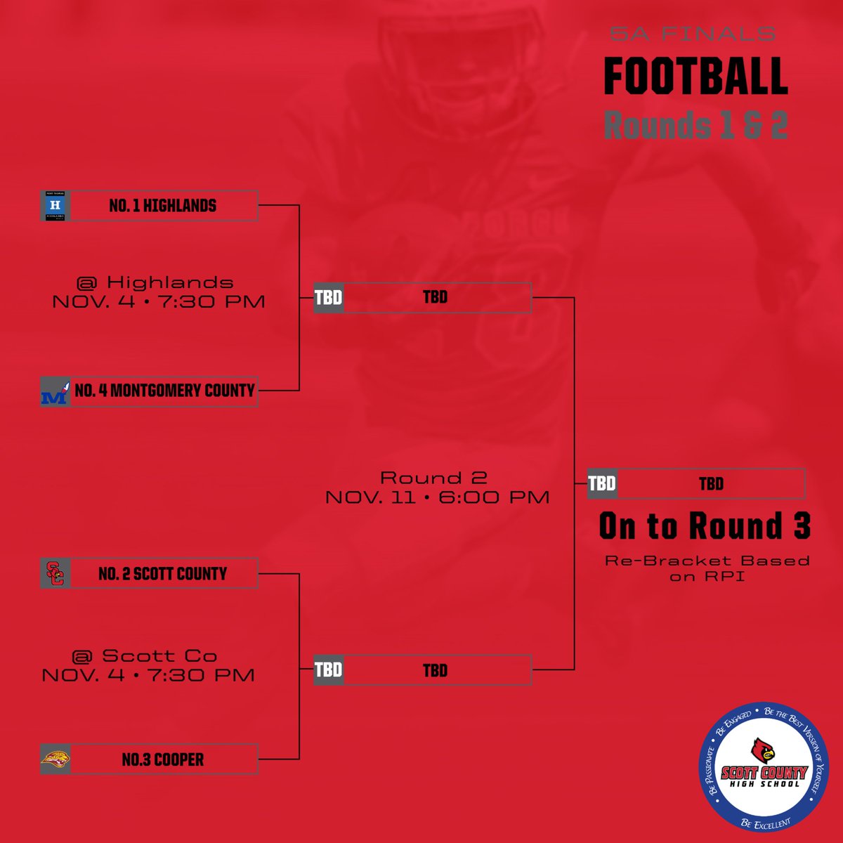 ScottCoSports's tweet photo. Don't miss the 1st round of the football playoffs as Scott County takes on Cooper @ Birds Nest Stadium! Game starts at 7:30 Pm on Friday November 4th.

Buy your tickets online at https://t.co/7BjFcEqz5c

Please note NO PASSES are accepted for this game. https://t.co/SfyAb9yTIo