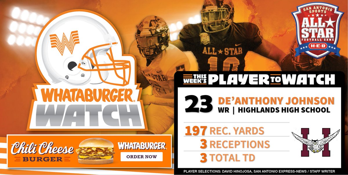 SA_Sports's tweet photo. . @Whataburger Watch - Week 10 Honoree
Highlighting some of the top talent in Greater SA!

De'Anthony Johnson
WR | Highlands High School
197 Receiving Yards
3 Receptions
3 Touchdowns 

#WhataburgerWatch #txhsfb

@showtimeedee @HighlandsOwlsFB @SAISDHighlands https://t.co/fCV9TjXbtT