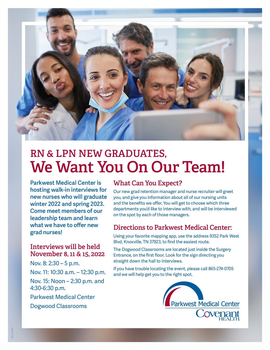 New grads, don't forget Parkwest Medical Center will be hosting walk-in interviews for RNs &amp; LPNs graduating in winter 2022 or spring 2023. RSVP today to reserve your spot: bit.ly/3NrKw5j